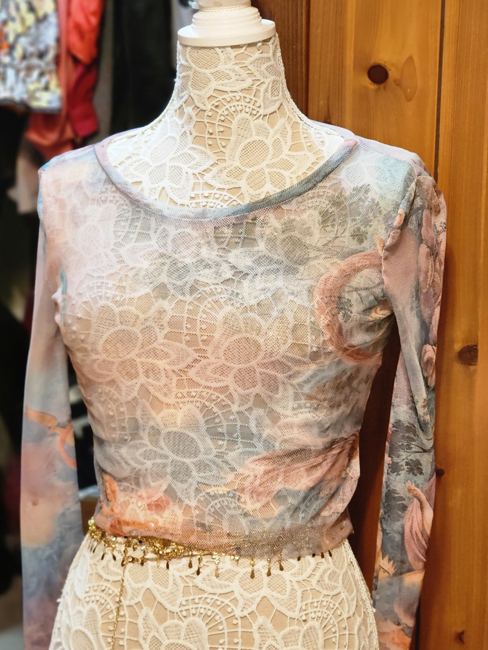 Forever 21 Sheer Floral Lace-Overlay Long Sleeve Crop Top in Pastel Pink & Blue
